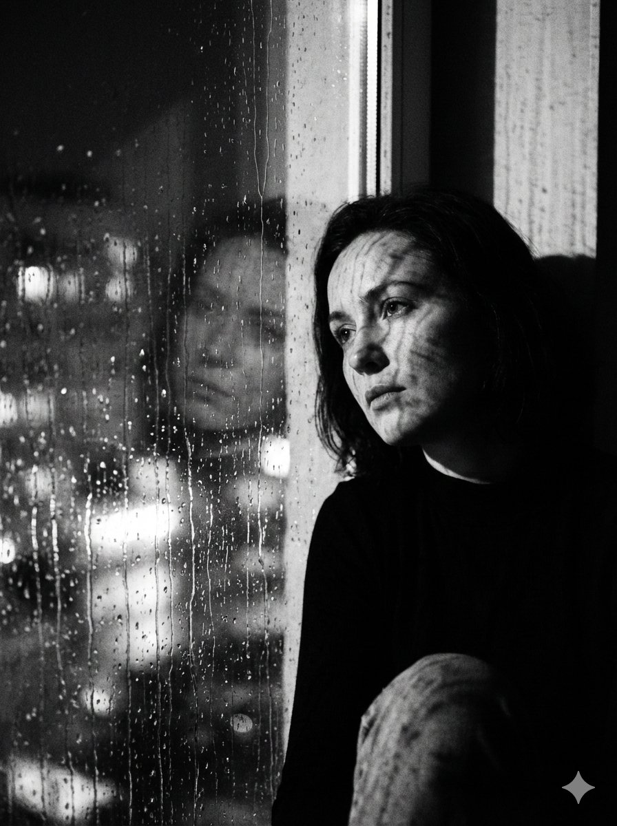 Moody Black and White Portrait of a Woman Beside a Rainy Window at Night