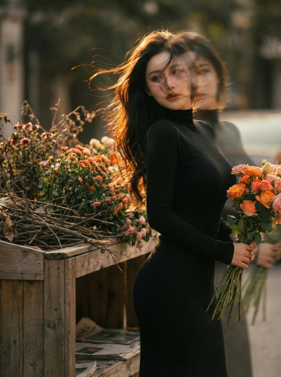 Dreamy Outdoor Flower Stand Double Exposure Portrait