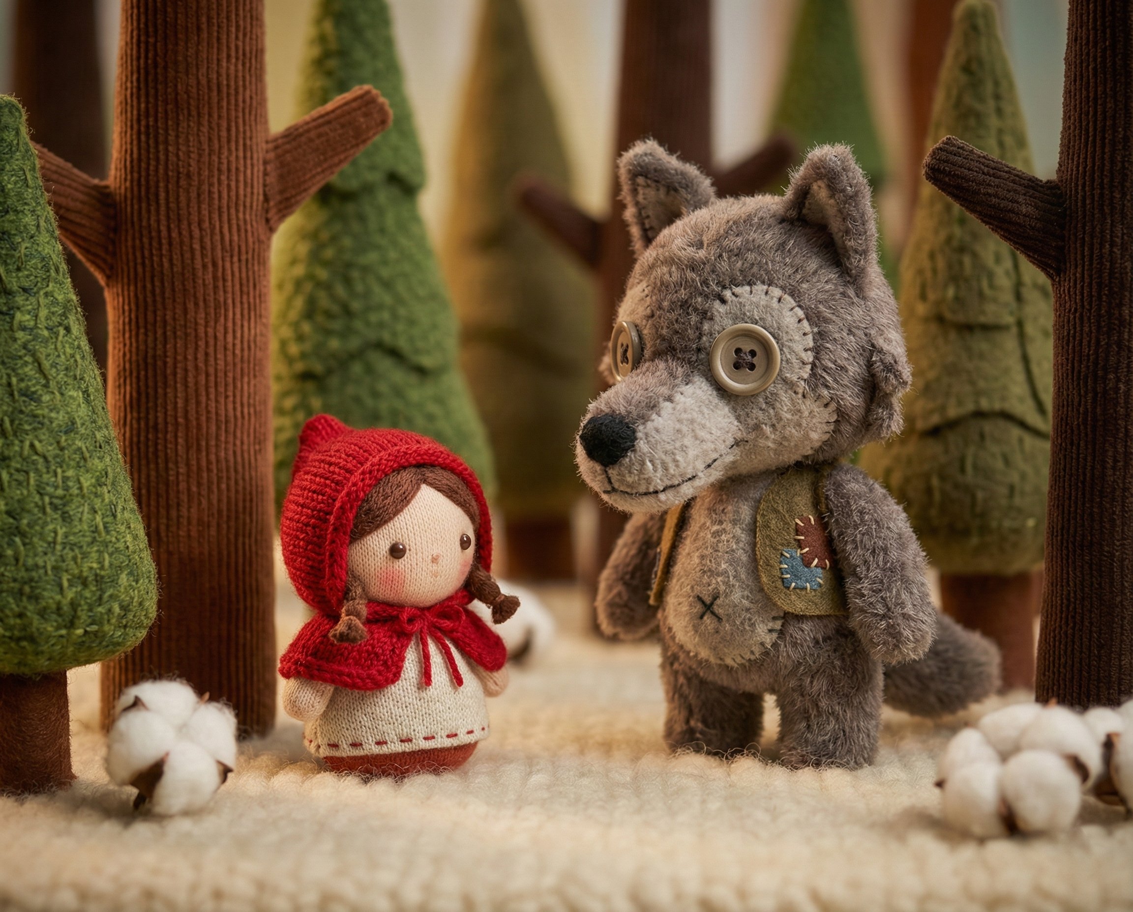 Little Red Riding Hood and the Big Bad Wolf in a Plush Toy Forest Scene