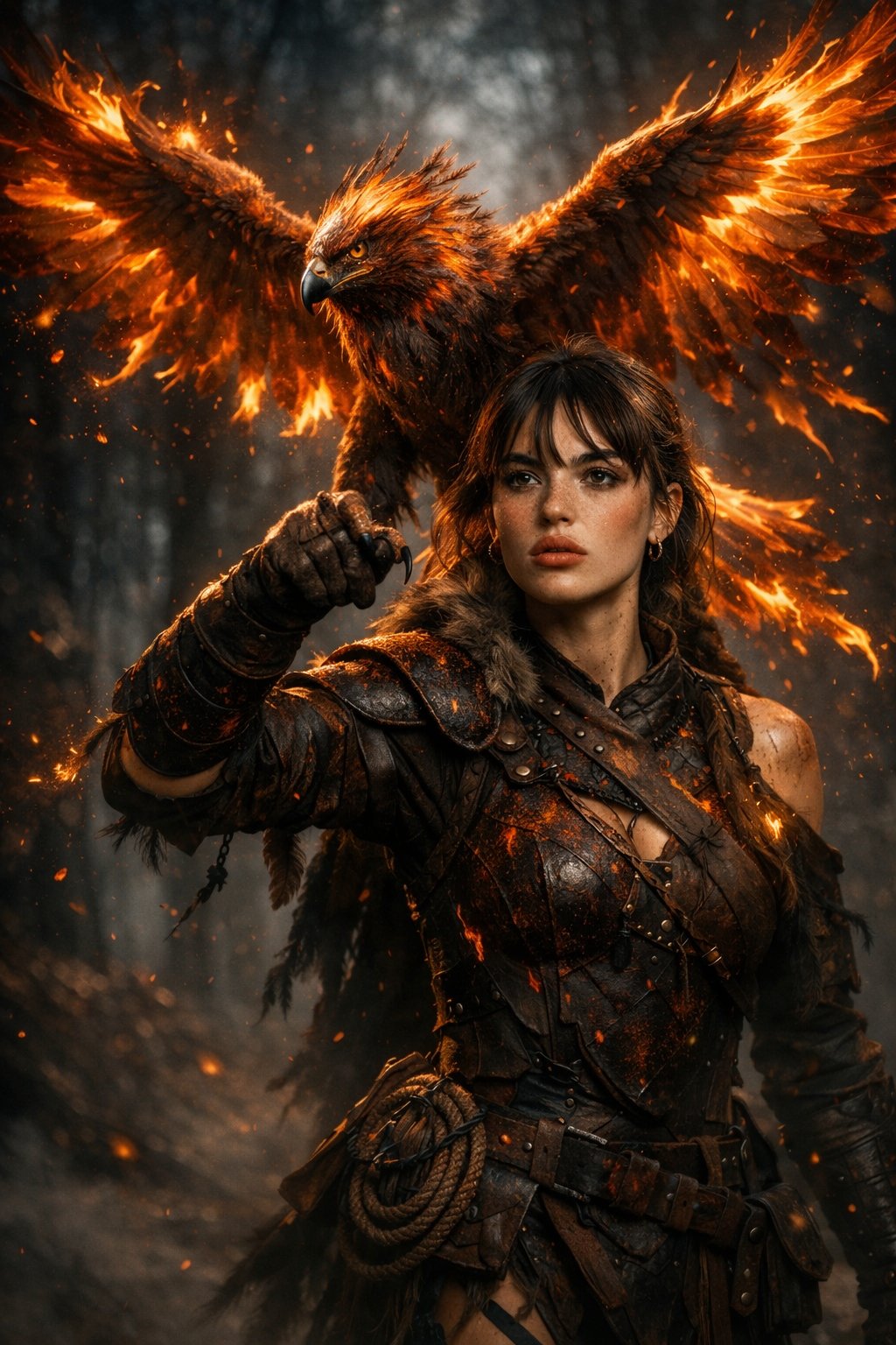 Female Warrior Falconer in a Dark Misty Forest