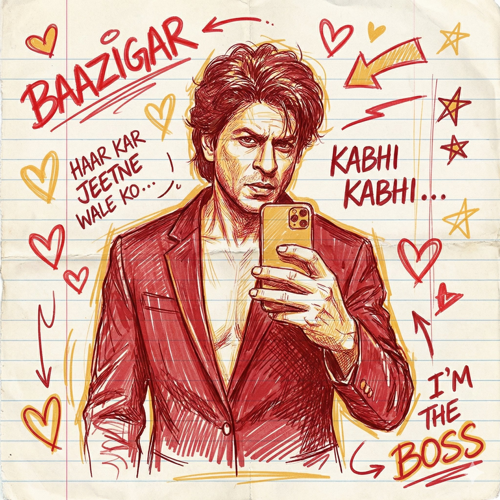 Hand-Sketched Selfie of Shah Rukh Khan from Baazigar Movie