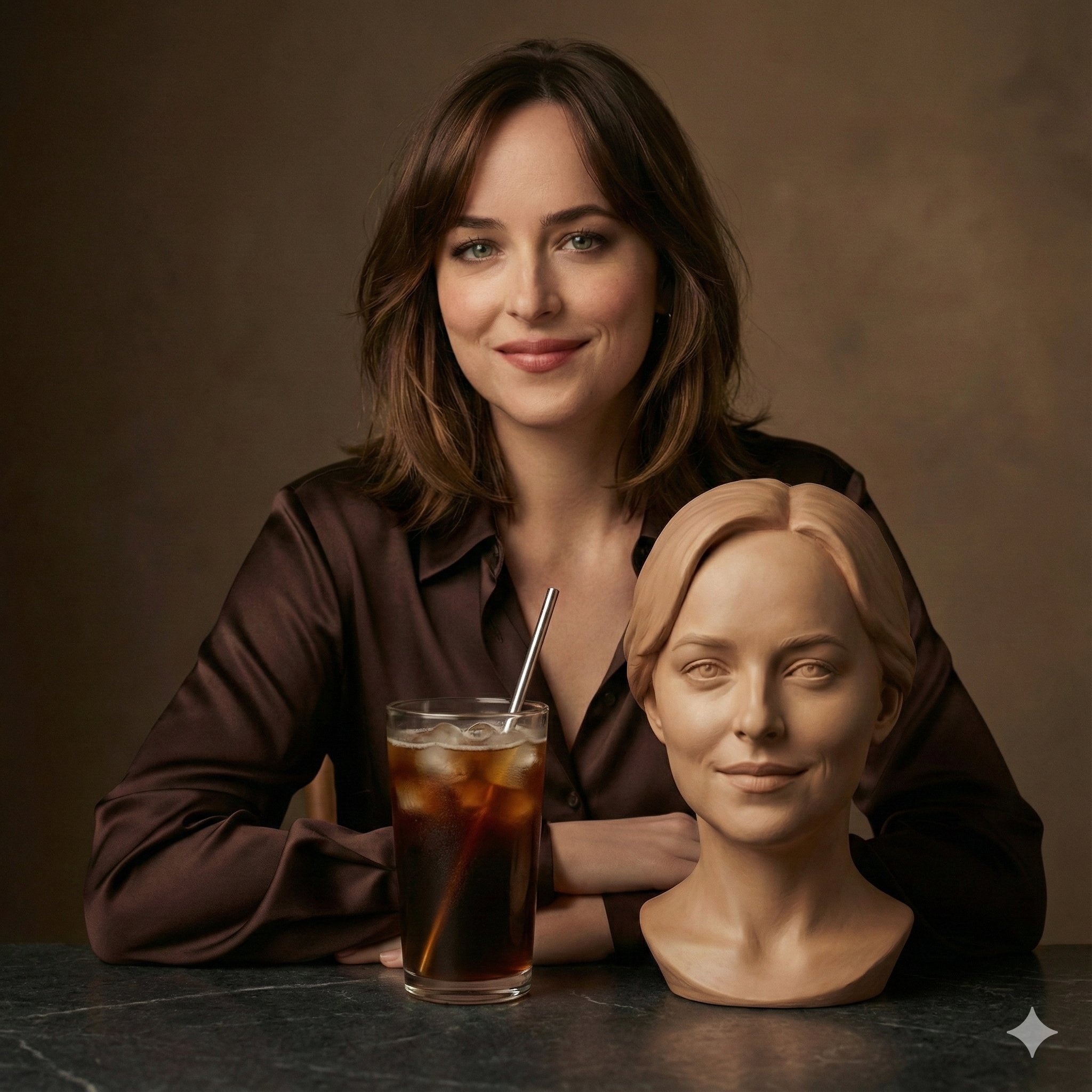 Cinematic Studio Portrait of a Woman in Mocha Satin Shirt