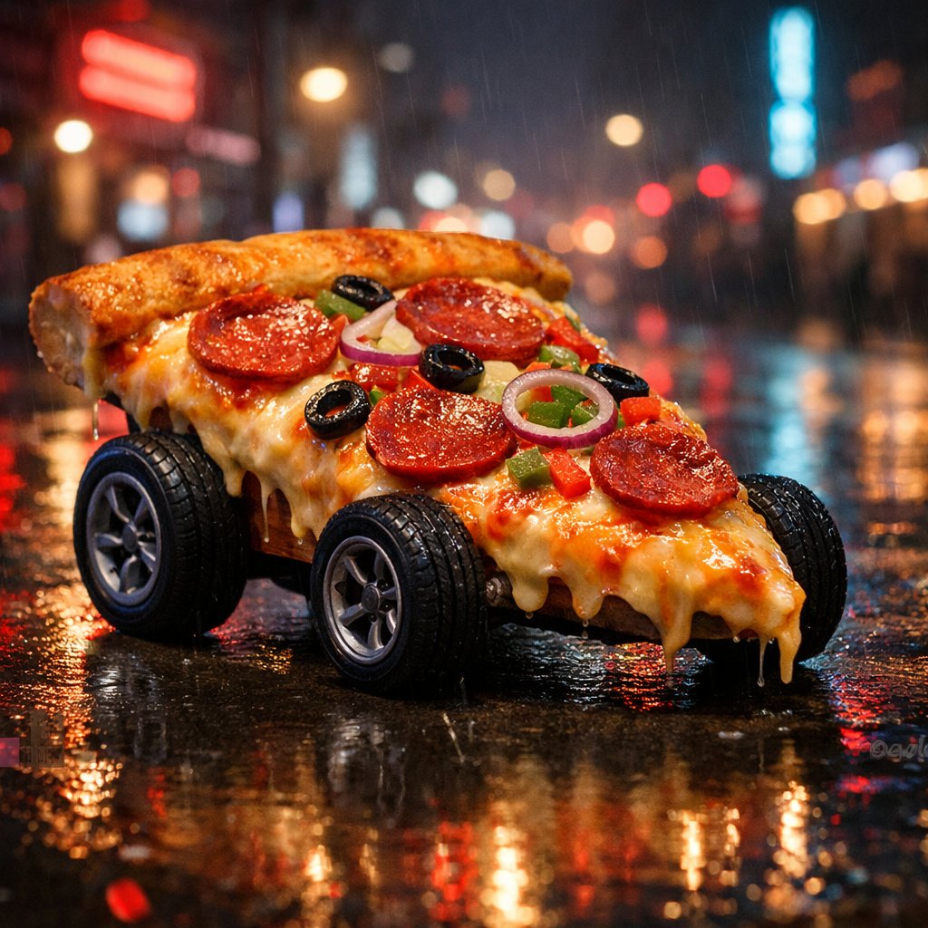 Surreal Pizza Slice Transformed into a Car