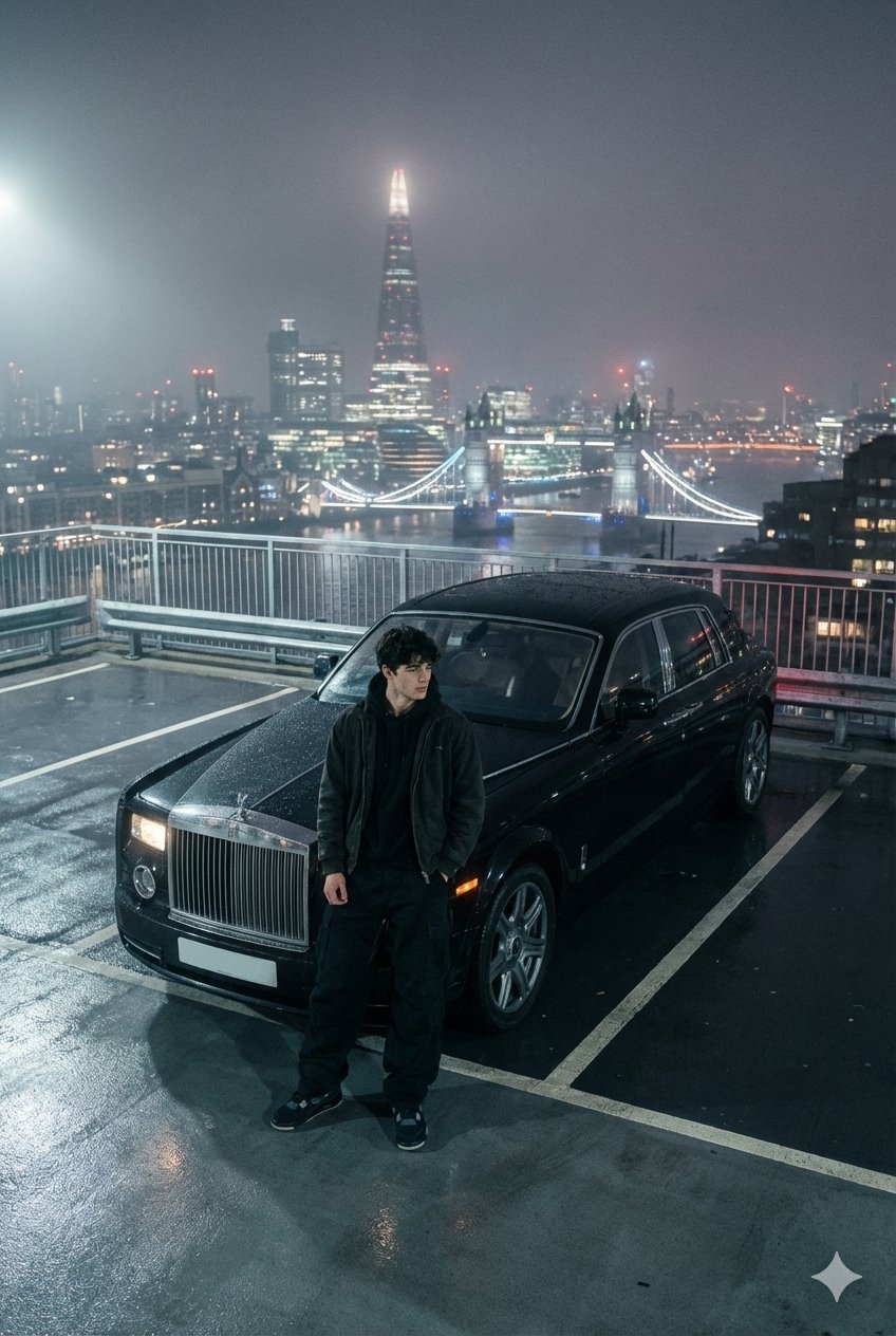 Photo of a Young Man in Baggy Black Pants, Jacket, and Shoes, Posed on a Parking Lot Rooftop with London Skyline at Night