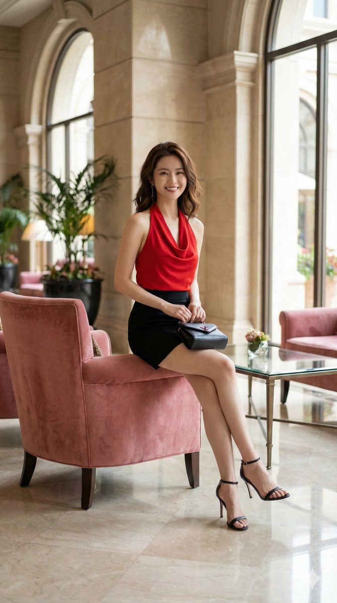 Photorealistic Young Woman Sitting on Pink Velvet Armchair