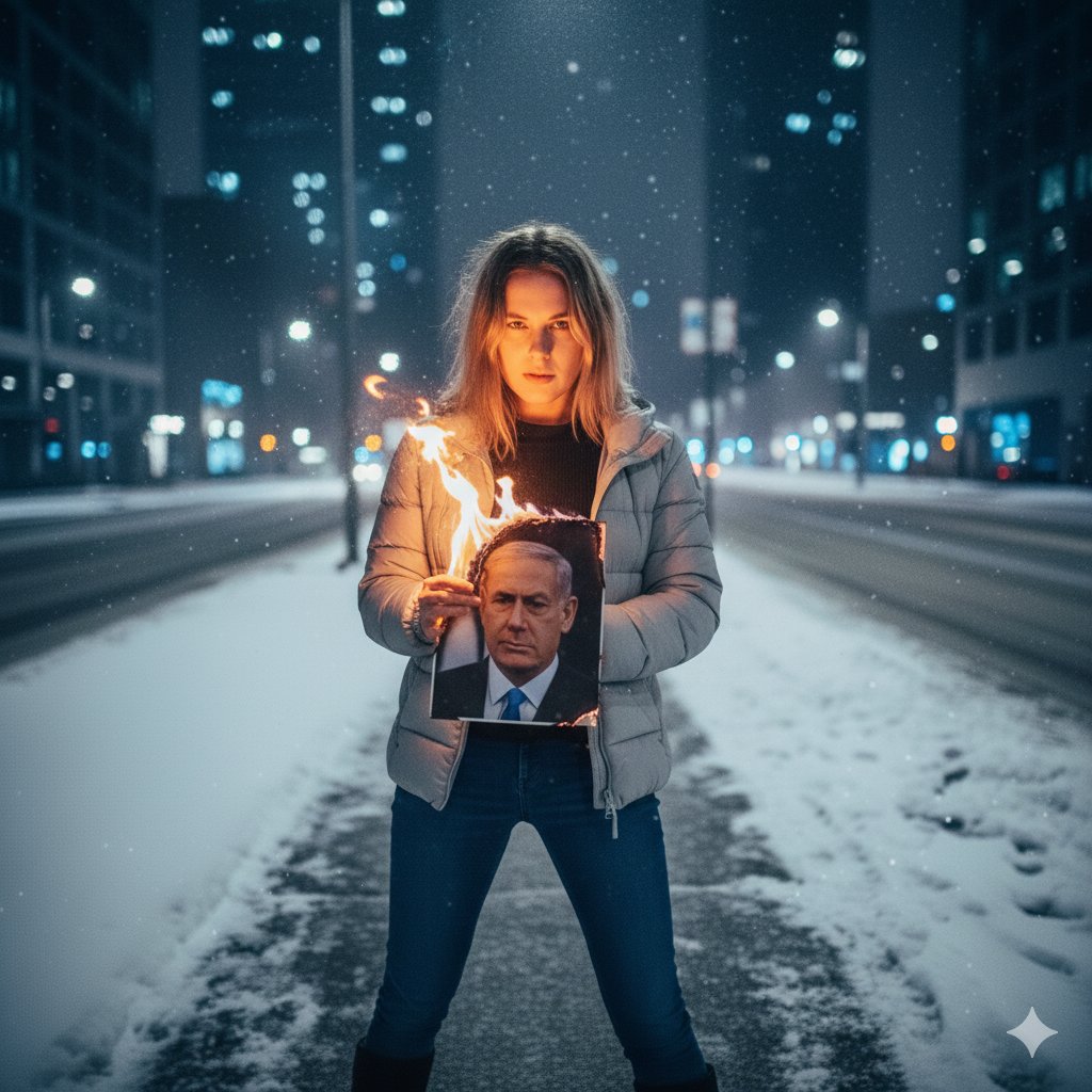 Young Western Woman's Defiance on Snowy City Street