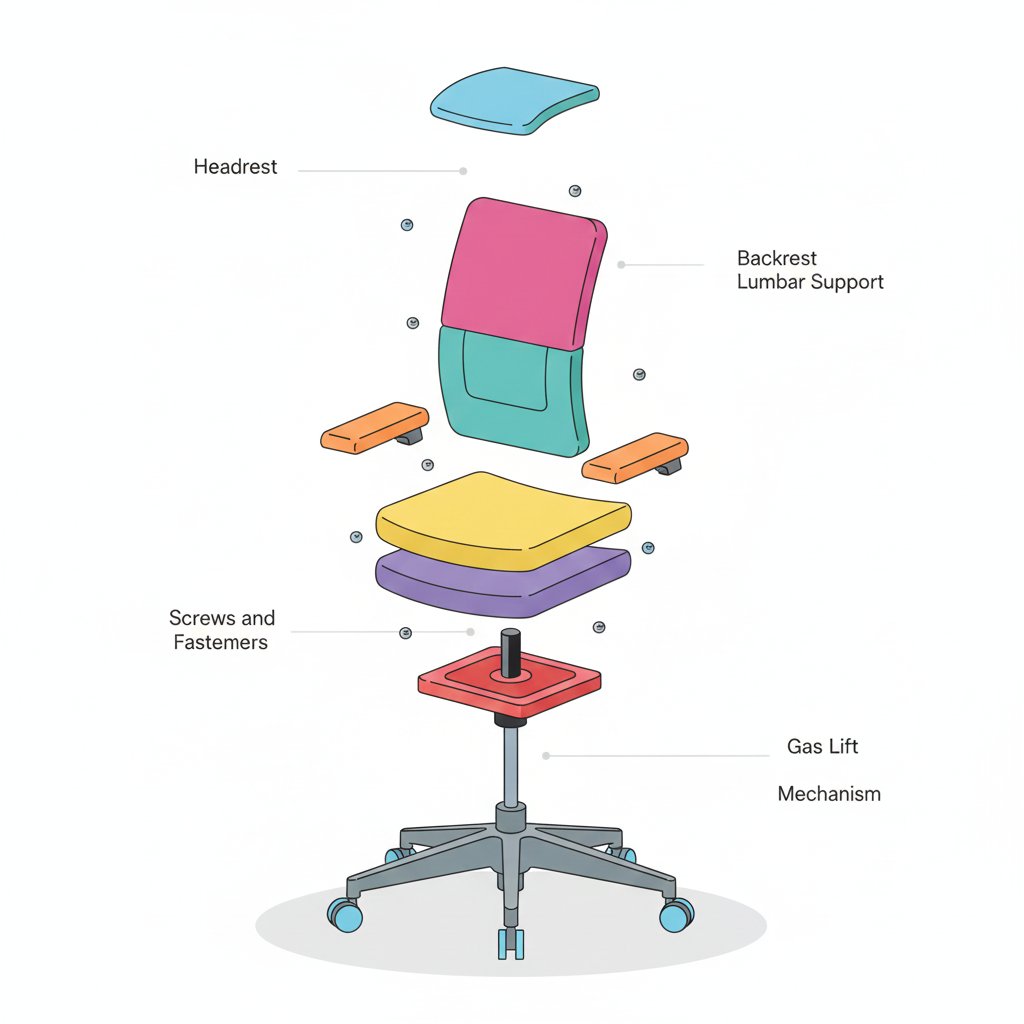 Colorful Minimalist Exploded View of a Modern Ergonomic Chair