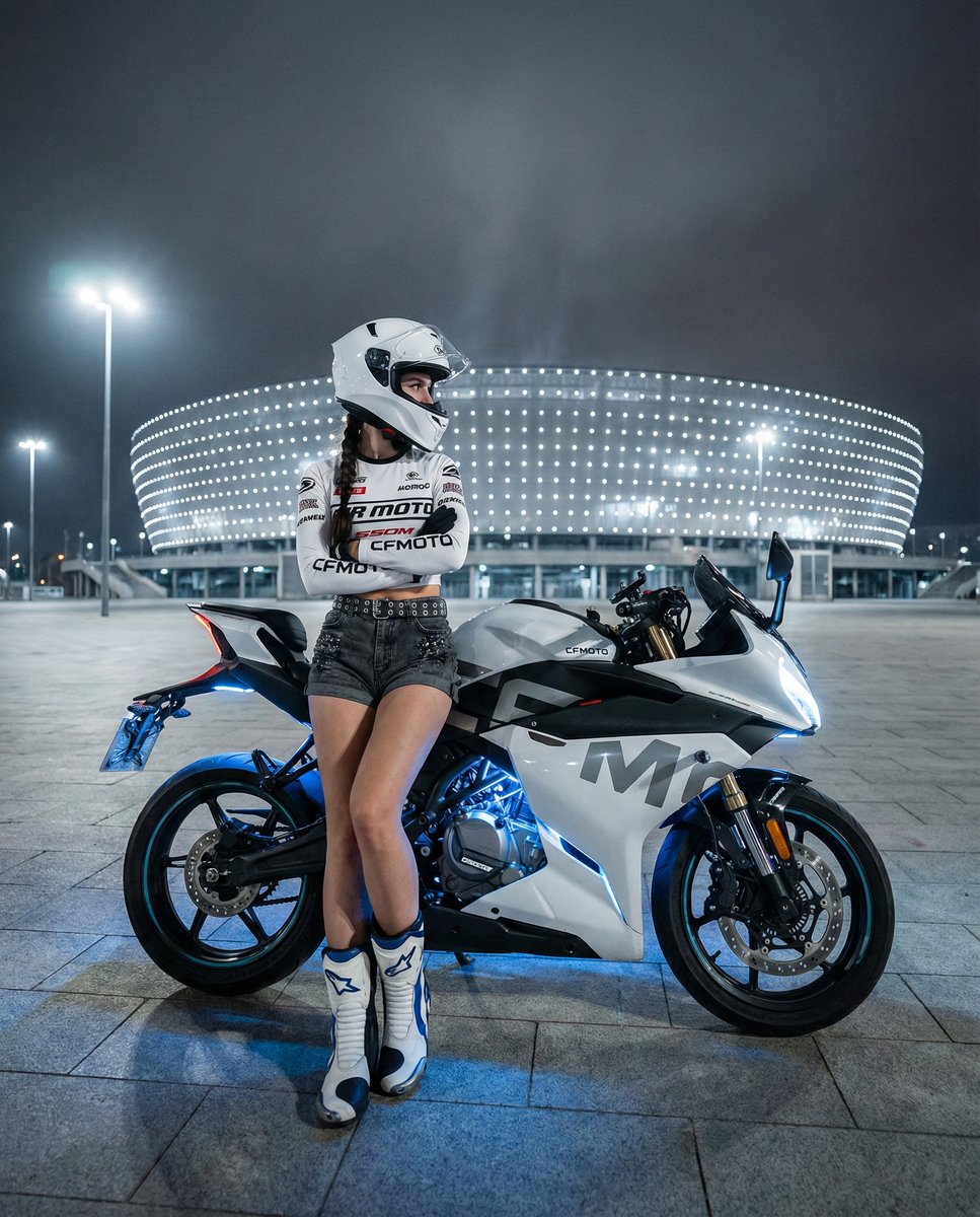 Female Motorcyclist with CFMOTO 450SR Style Modern Sportbike