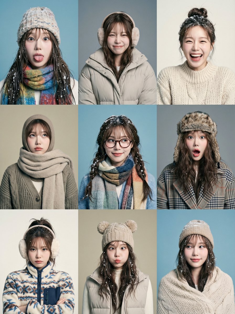 Playful Winter Grid Portrait, People, nanoBanana-Pro, Soft Studio Lighting, Playful Expressions reference image, image 2 of 2