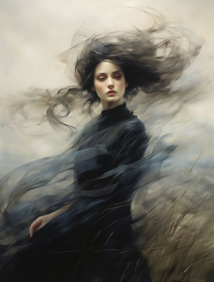 Cinematic Fine-Art Portrait of a Mysterious Young Woman in a Windswept Landscape