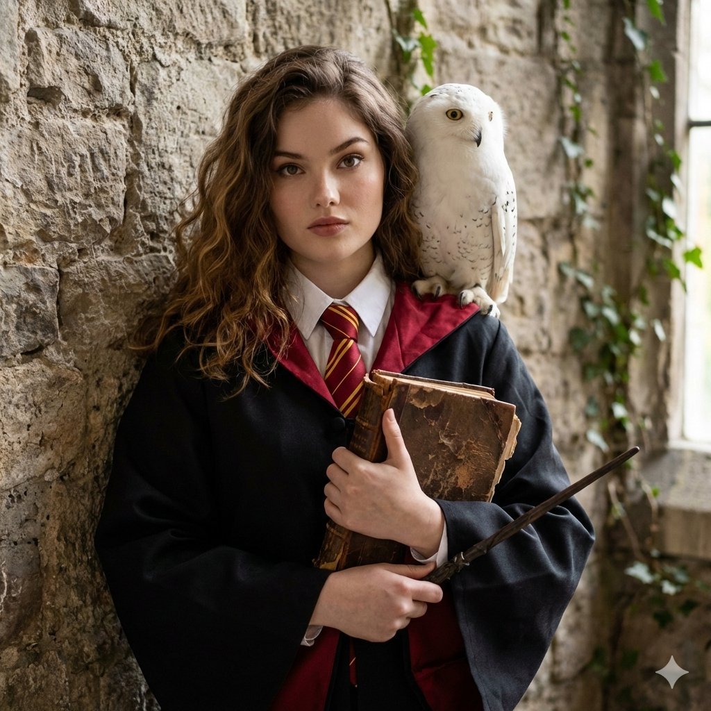 Hogwarts-Style Photoshoot: Girl in a Black Robe, Holding a Magic Wand, with a White Owl on Her Shoulder, against an Old Stone Wall