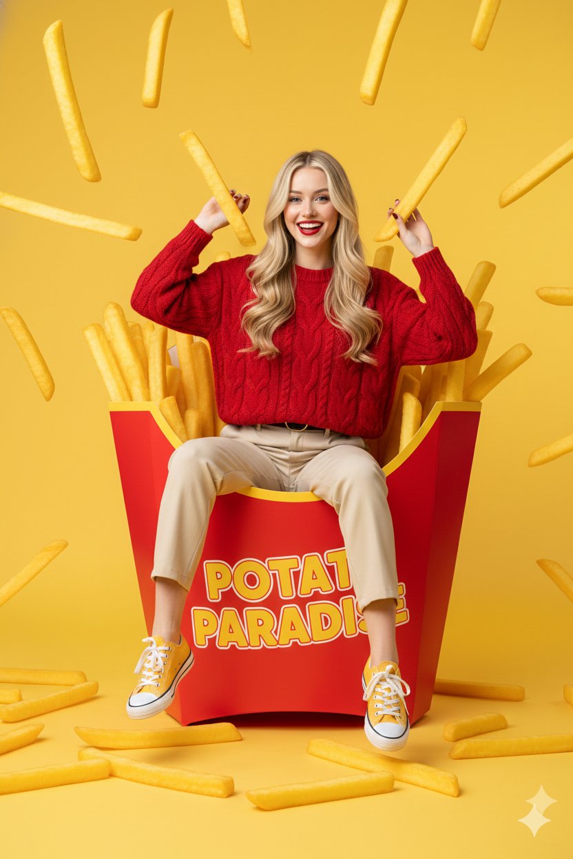 Happy Western Woman in a Giant French Fry Carton