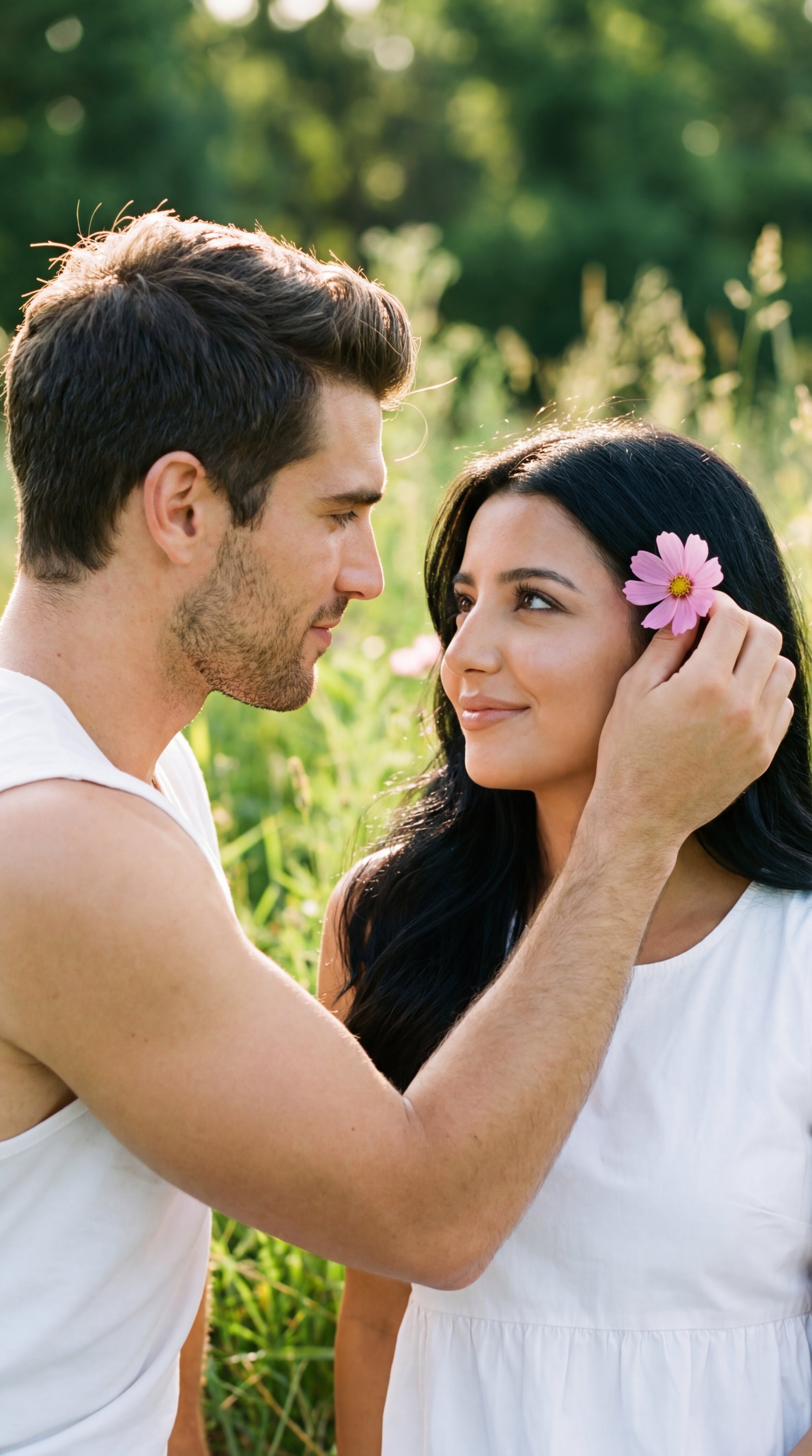 Intimate Romantic Close-Up: Man Tucks Pink Flower Near Woman's Hairline, Deep Eye Contact