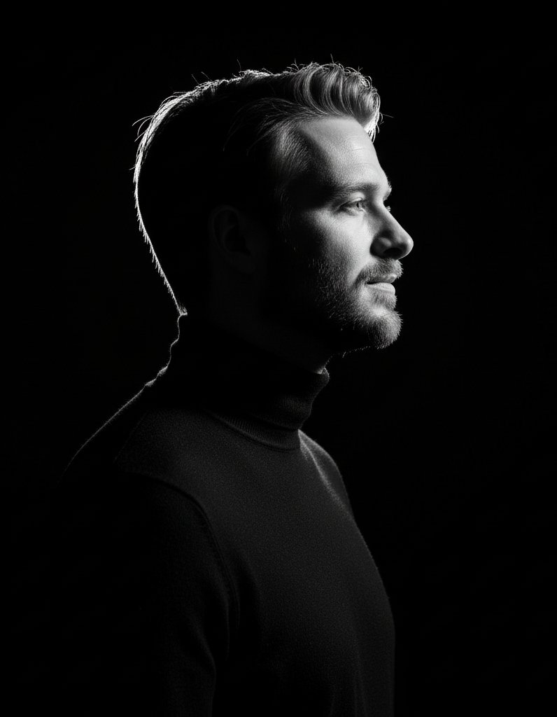 High-Contrast Black-and-White Side-Profile Portrait