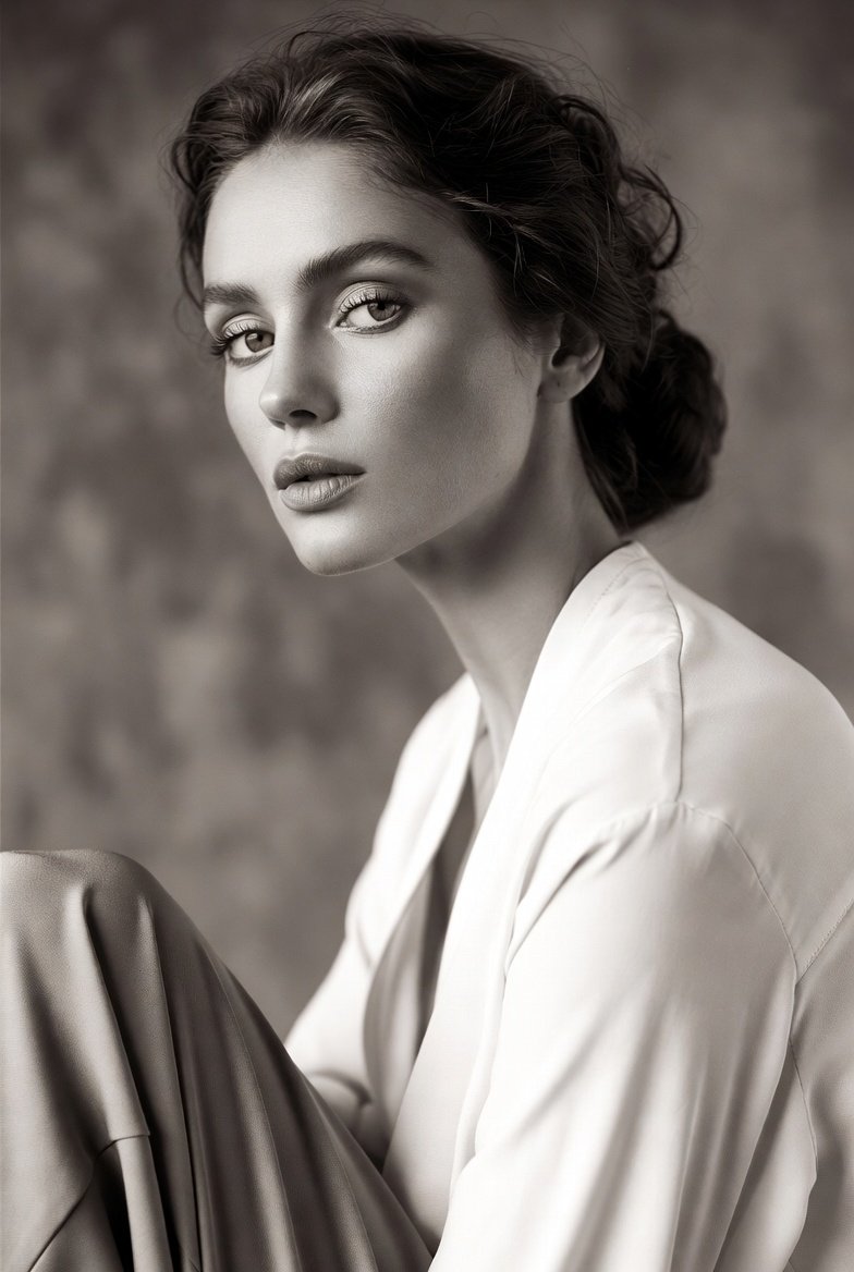 Black-and-White Soft Editorial Portrait, Fashion, nanoBanana-Pro, Fashion Editorial, Realistic Texture reference image, image 3 of 4