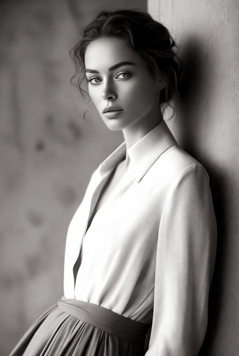 Black-and-White Soft Editorial Portrait, Fashion, nanoBanana-Pro, Fashion Editorial, Realistic Texture reference image, image 4 of 4