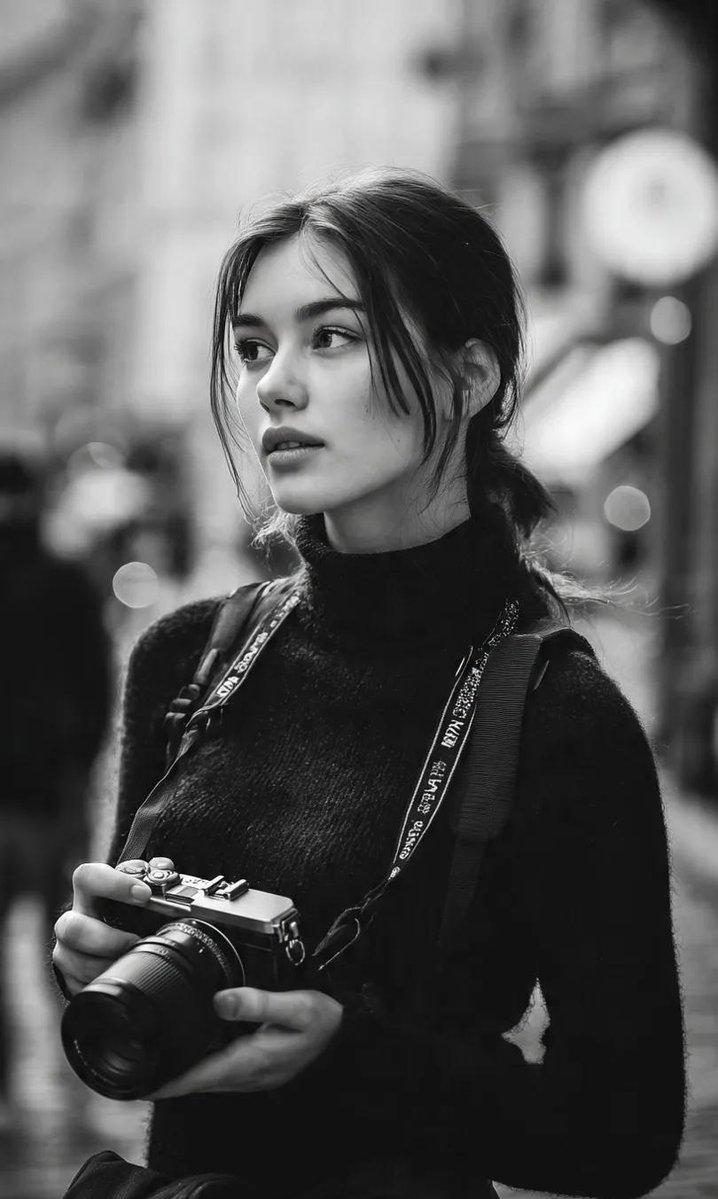 Cinematic Black-and-White Street Portrait of a Young Woman Photographer