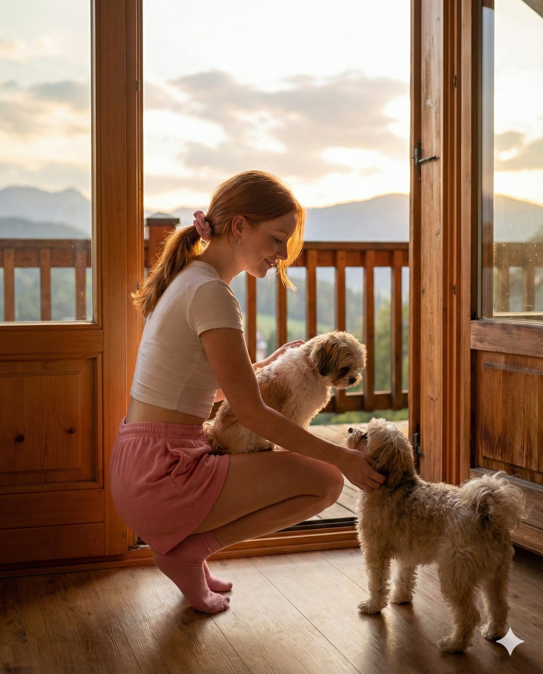 Cozy Wooden Cabin Interior with Companion Dogs at Sunset