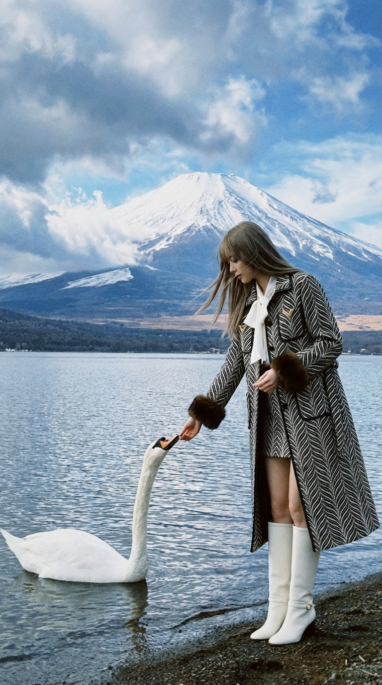 Feeding Swan Lady with Mount Fuji
