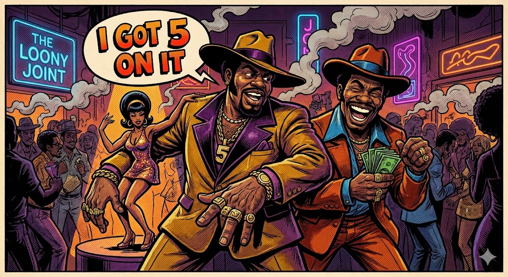 Blaxploitation comic art take on Luniz's classic 'I Got 5 On It'