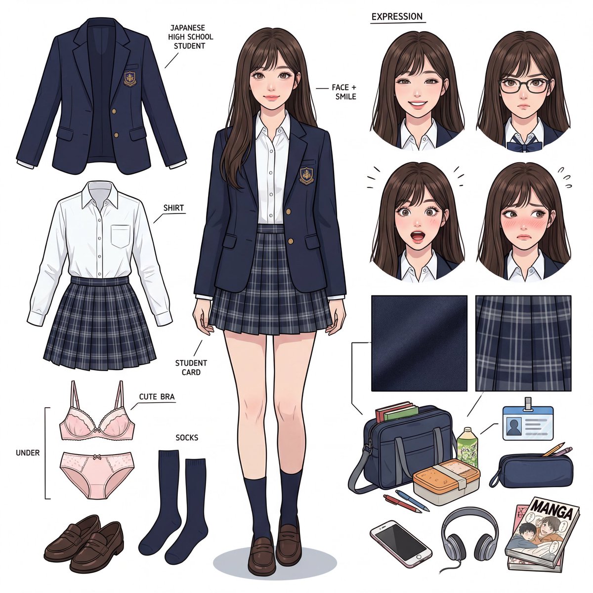 Panoramic Character Concept Sheet: 17-Year-Old Japanese JK