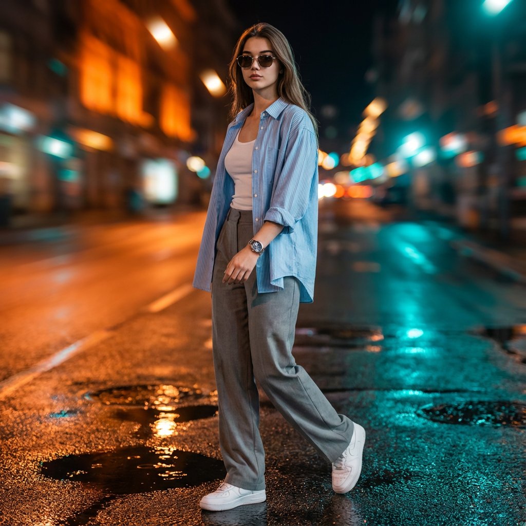Hyper-realistic Cinematic Night Portrait of a Confident Woman in Urban Street