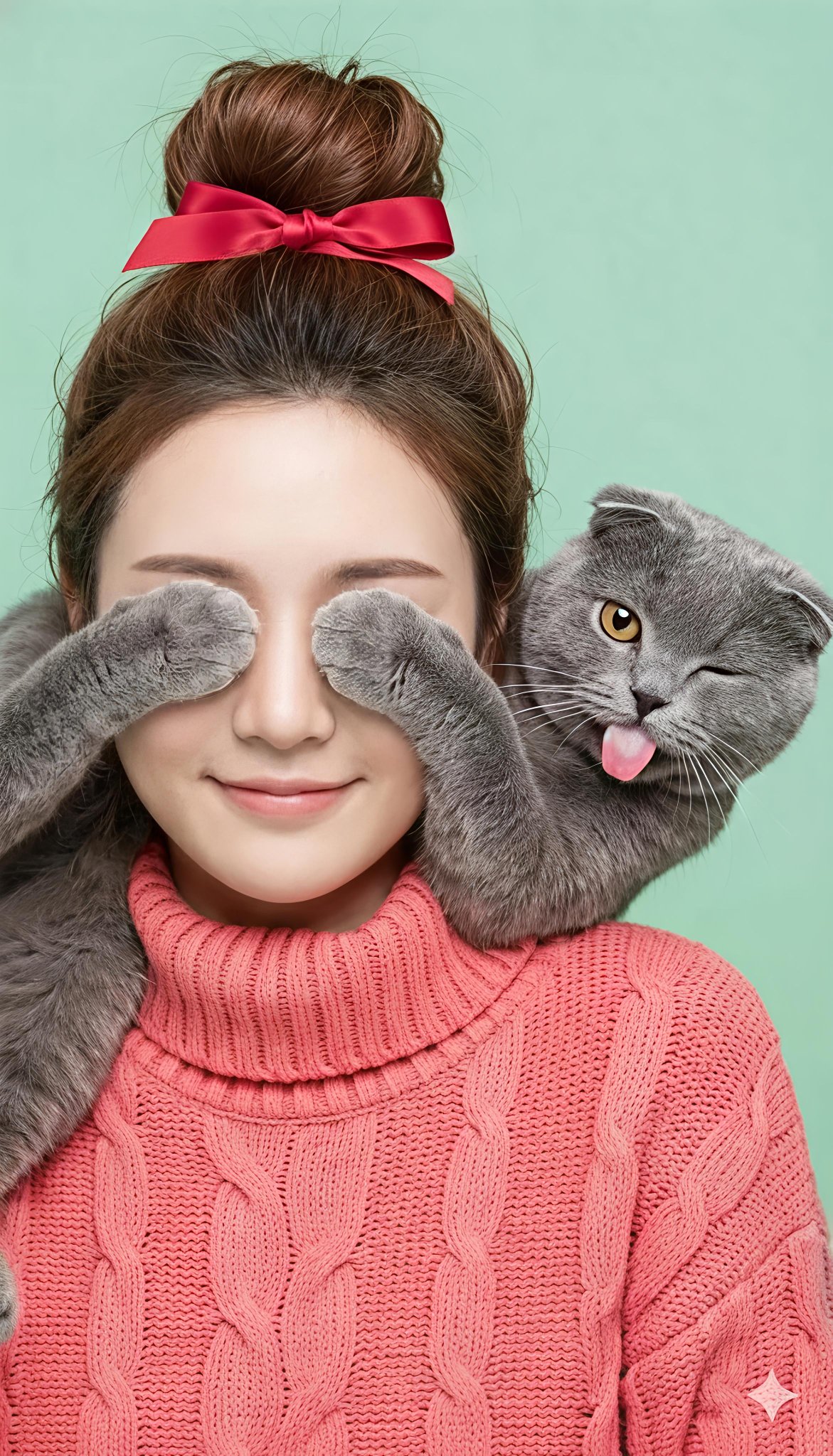 Girl in Pink Knit Sweater with Winking Cat
