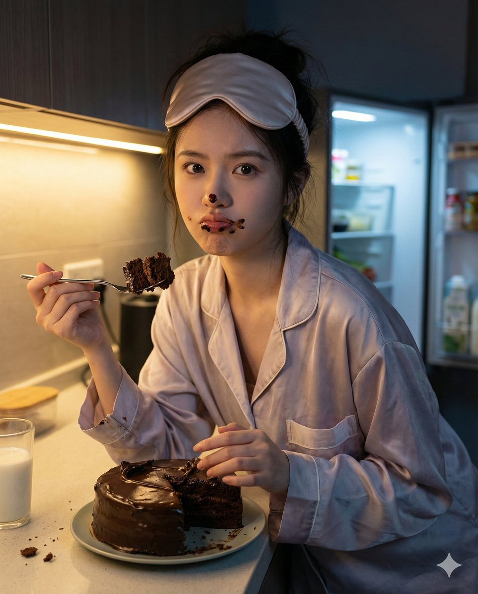 Cute Girl Sneaking a Bite of Chocolate Cake at Night