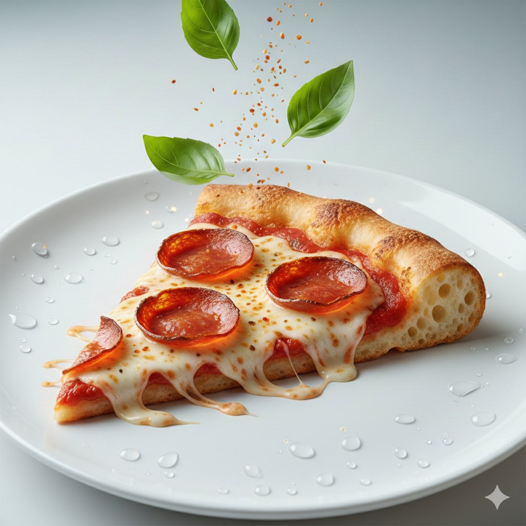 解构漂浮披萨,现实,nanoBanana-Pro,Hyper-Realistic, Food Photography风格参考图,第 2 张,共 2 张