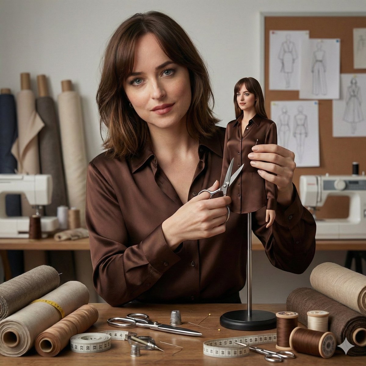 Ultra-realistic Cinematic Studio Portrait of a Woman Tailoring a Miniature Mannequin