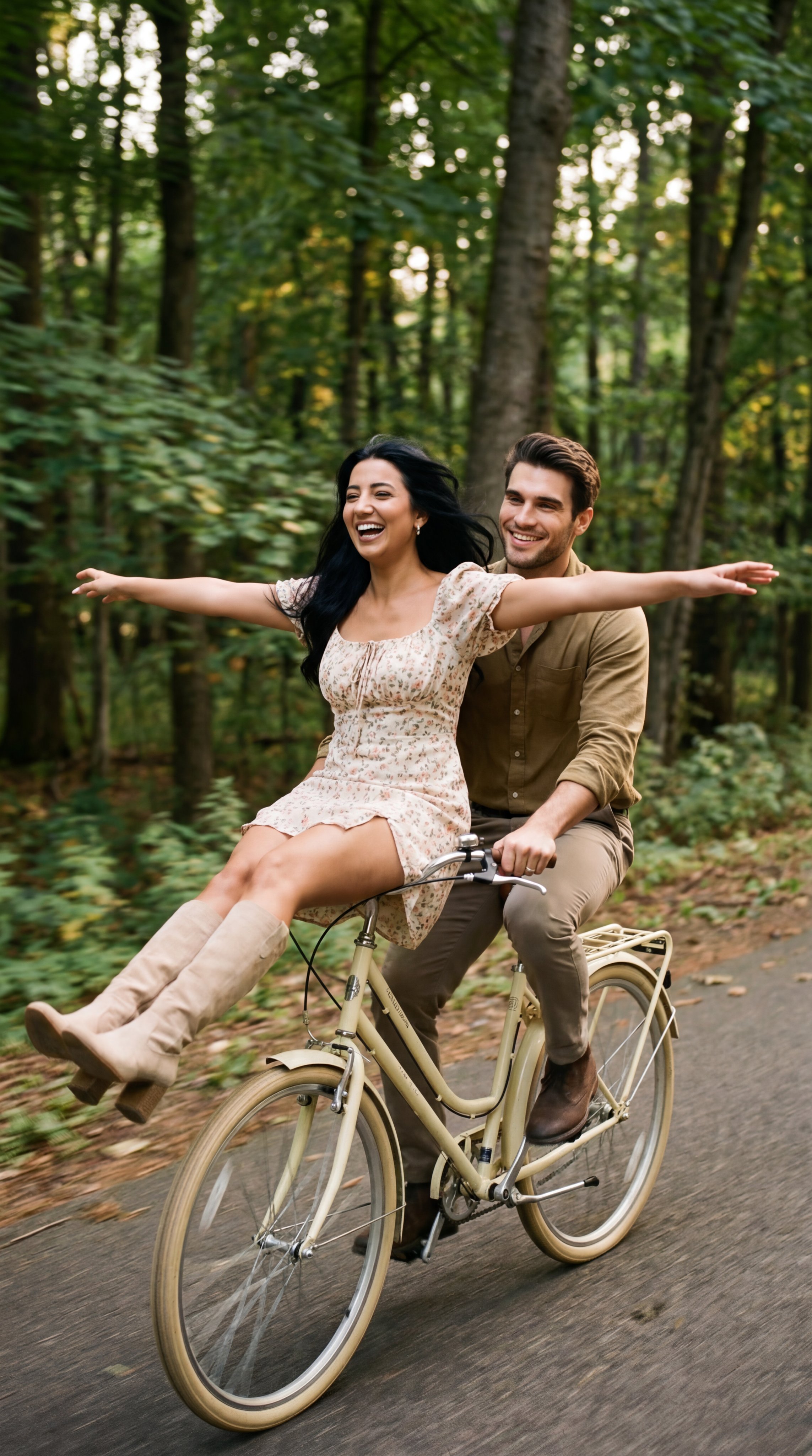 Young Couple Riding a Bicycle in a Quiet Forest