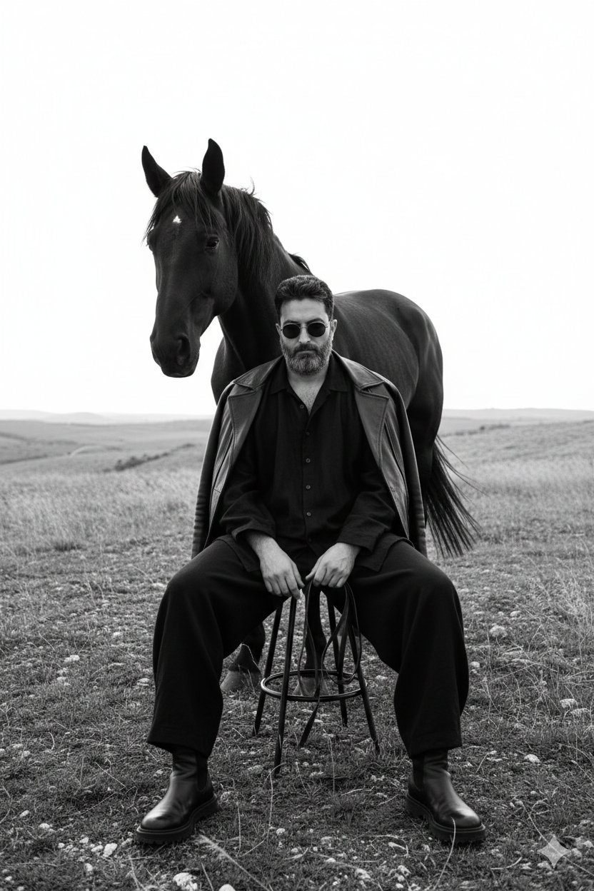 Photograph of a person sitting on a minimalist metal stool with a black horse and natural landscape