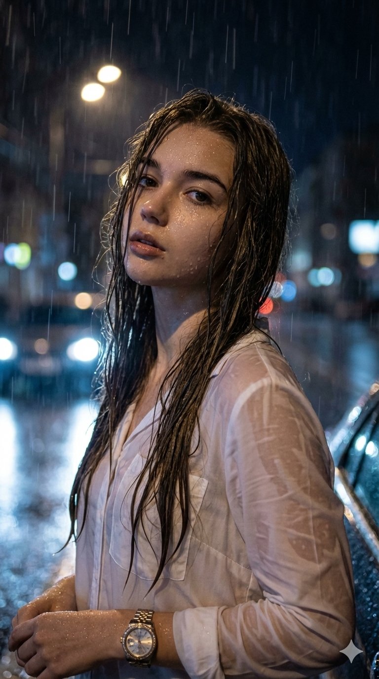 Hyper-realistic Cinematic Night Portrait of a Woman in the Rain