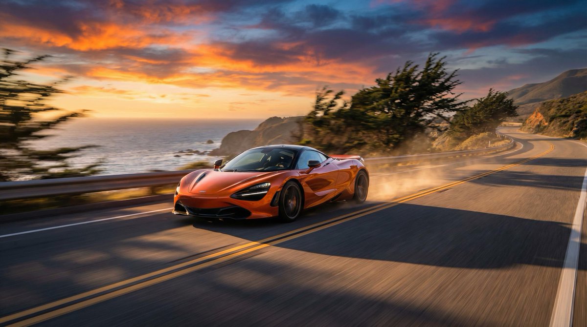 Dynamic Coastal Highway Racing Car Shot