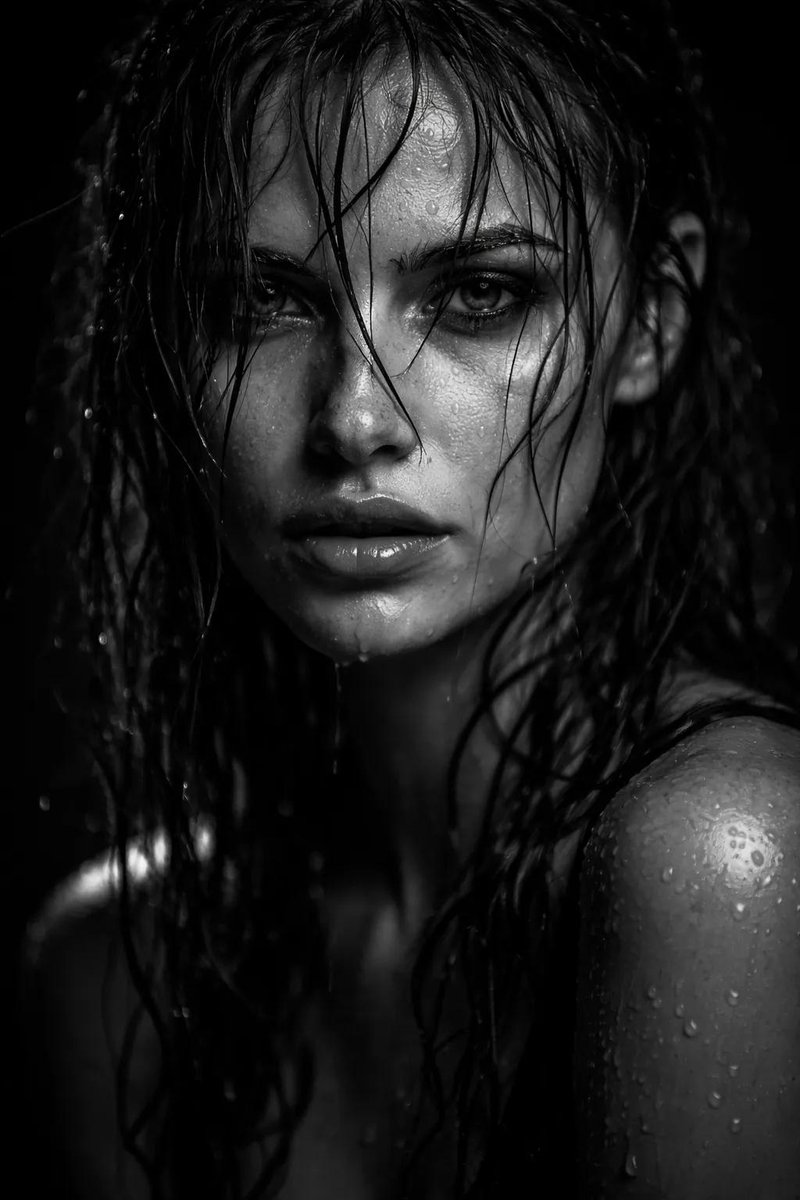 Ultra-Realistic Black and White Cinematic Portrait of a Woman in the Rain