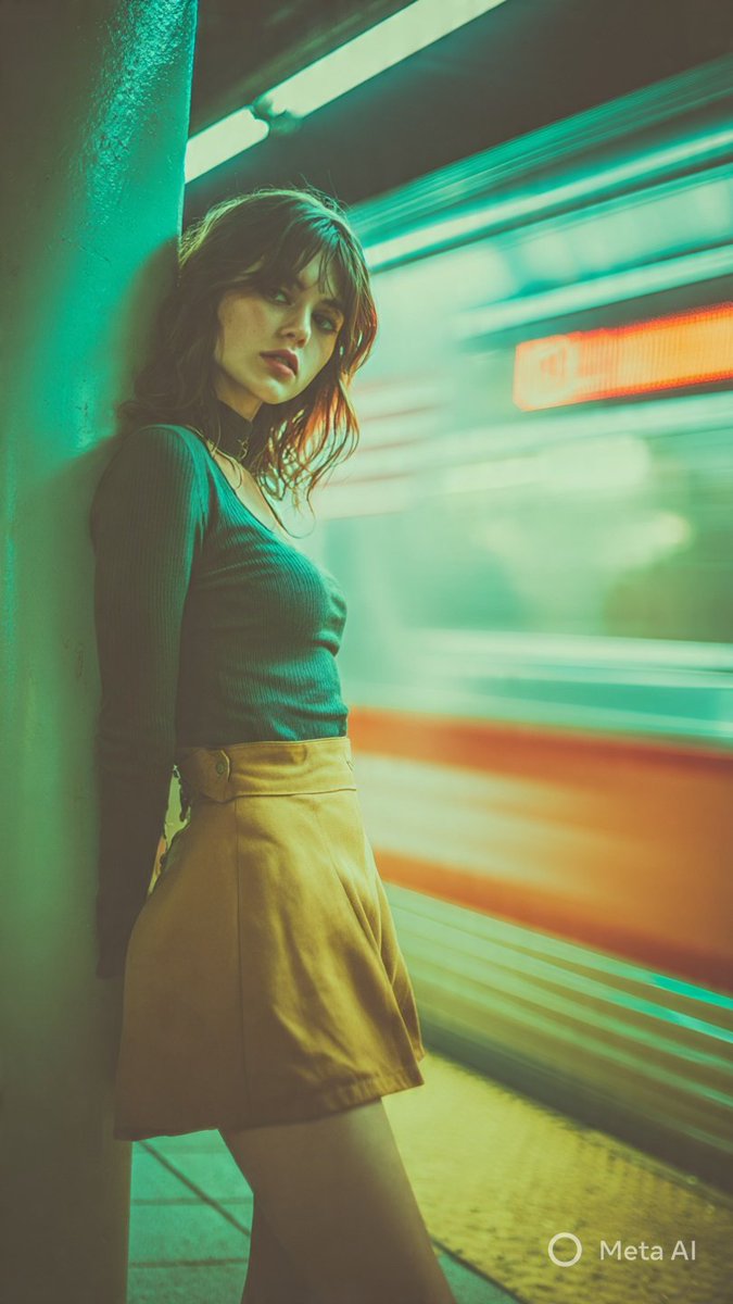Cinematic High-Fashion Editorial Portrait of a Stylish Young Woman in a Colorful Subway Station