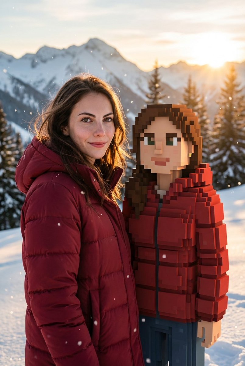 Realistic Photo with Minecraft Character in Snowy Mountain Landscape