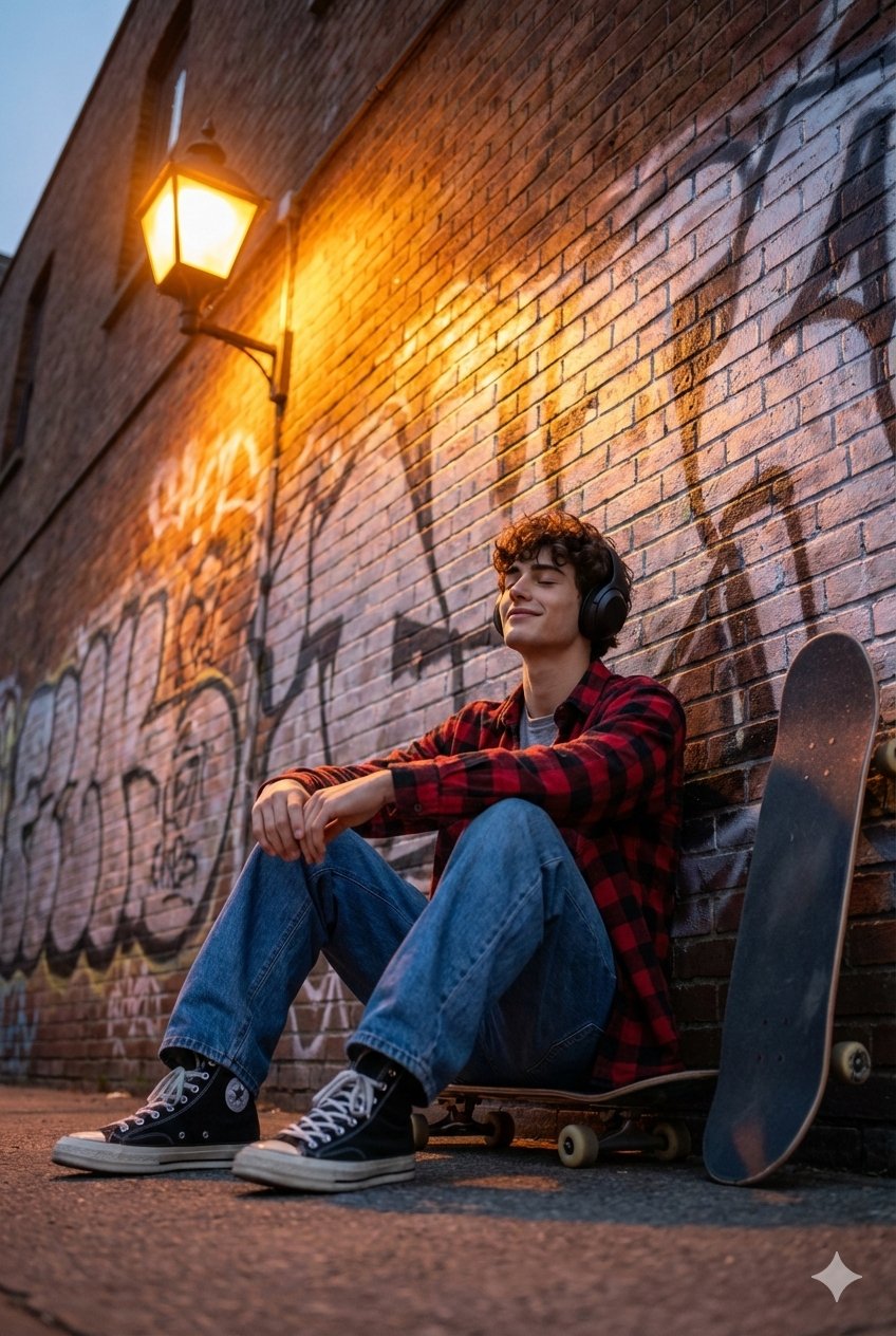 Cinematic Wide-Angle Shot of a Young Skater at Dusk