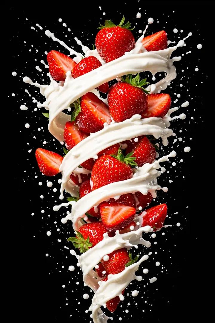 Ultra-Realistic High-Speed Studio Food Photography of Strawberry Tornado