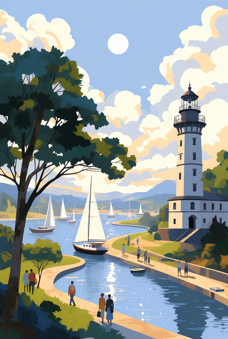 Abstract Drawing of a Lighthouse and Sailboat on a River