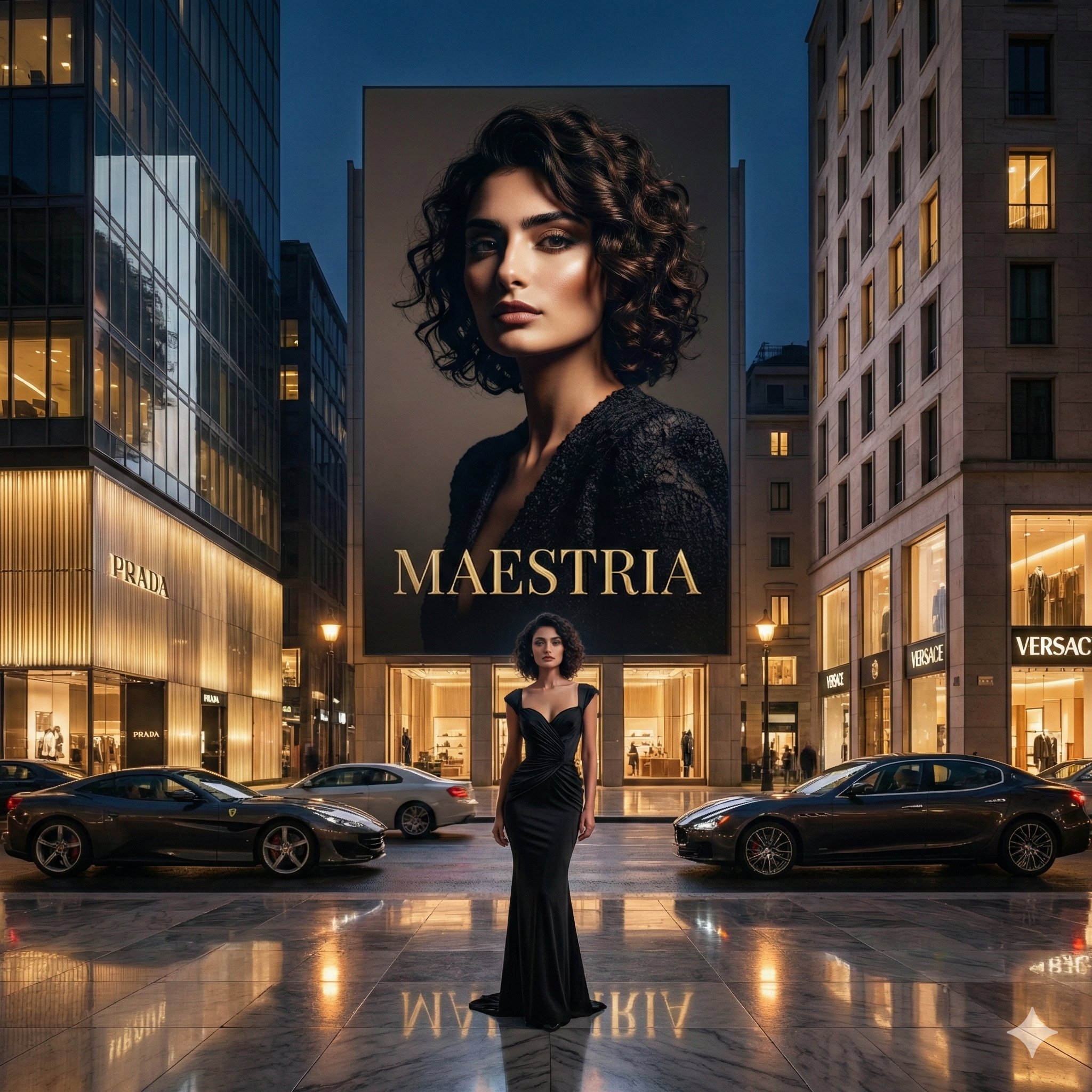 Milan Luxury District Night Fashion Advertisement