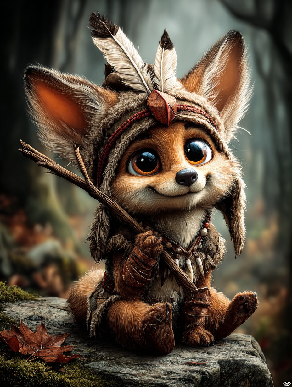 Cute fox cub dressed as a shaman, sitting on the edge of a cliff