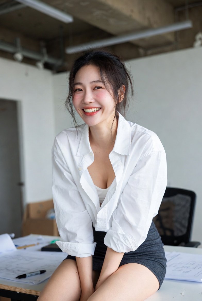 Charming Young Asian Woman Sitting on Desk Edge