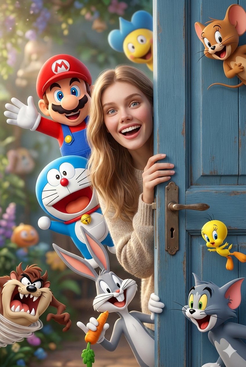 Smiling Adult Girl with Cartoon Characters