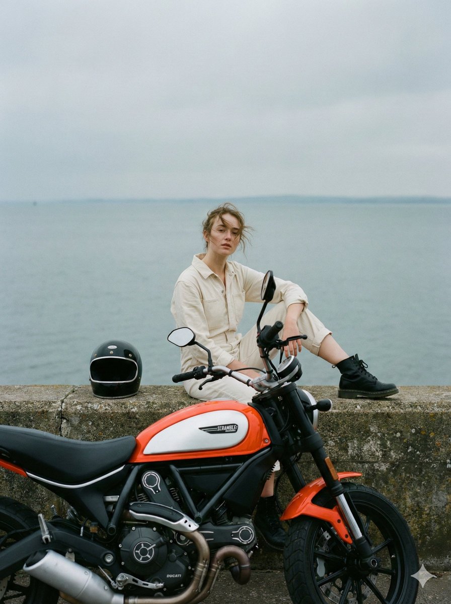 Young Woman on Concrete Seawall with Ducati Scrambler Motorcycle