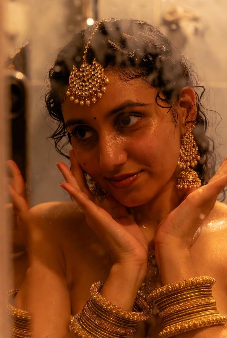 Photorealistic Smartphone Capture of a Young Indian Woman in a Bathroom Mirror