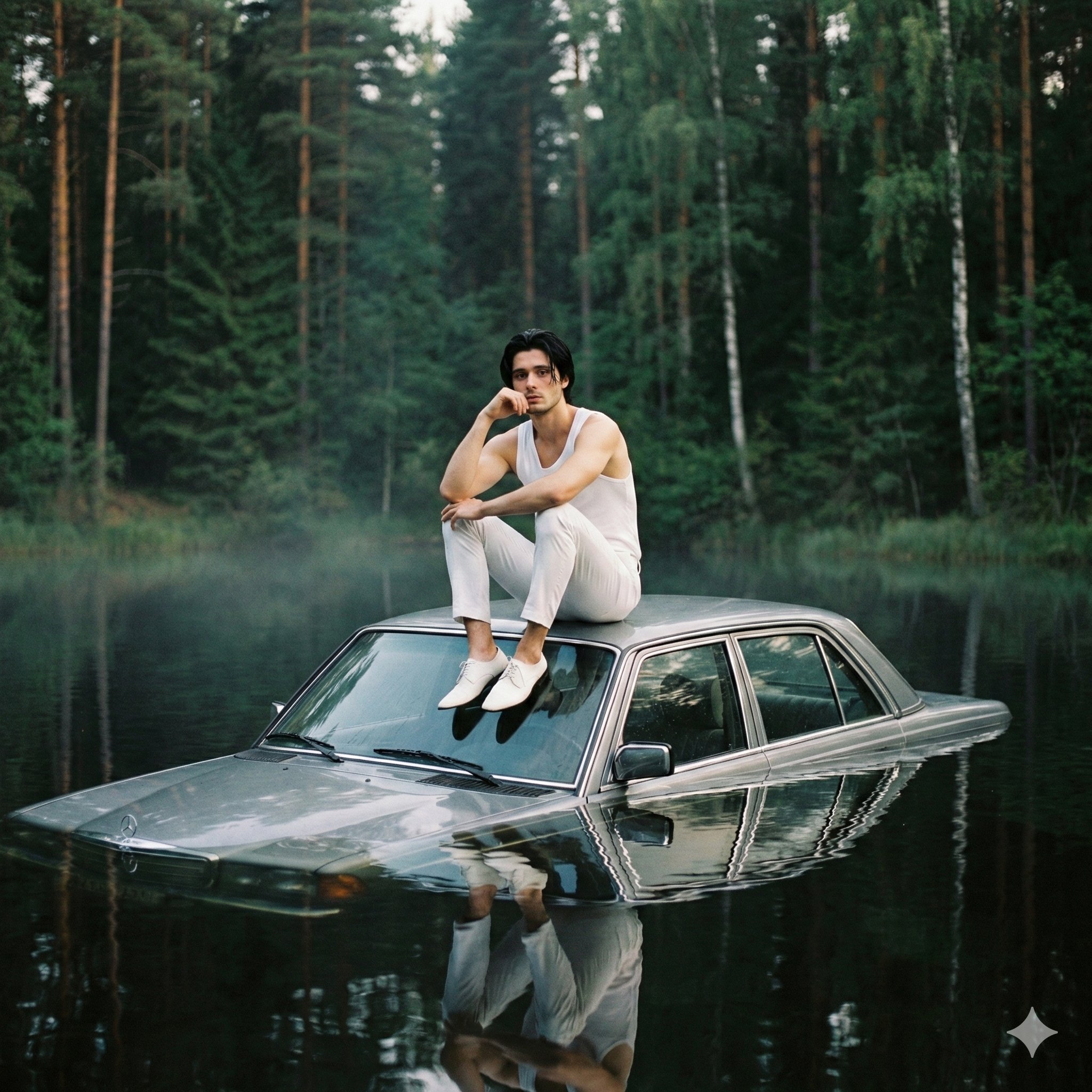 Cinematic Surrealism: A Young Man in a Partially Submerged Vintage Car in a Calm Forest Lake