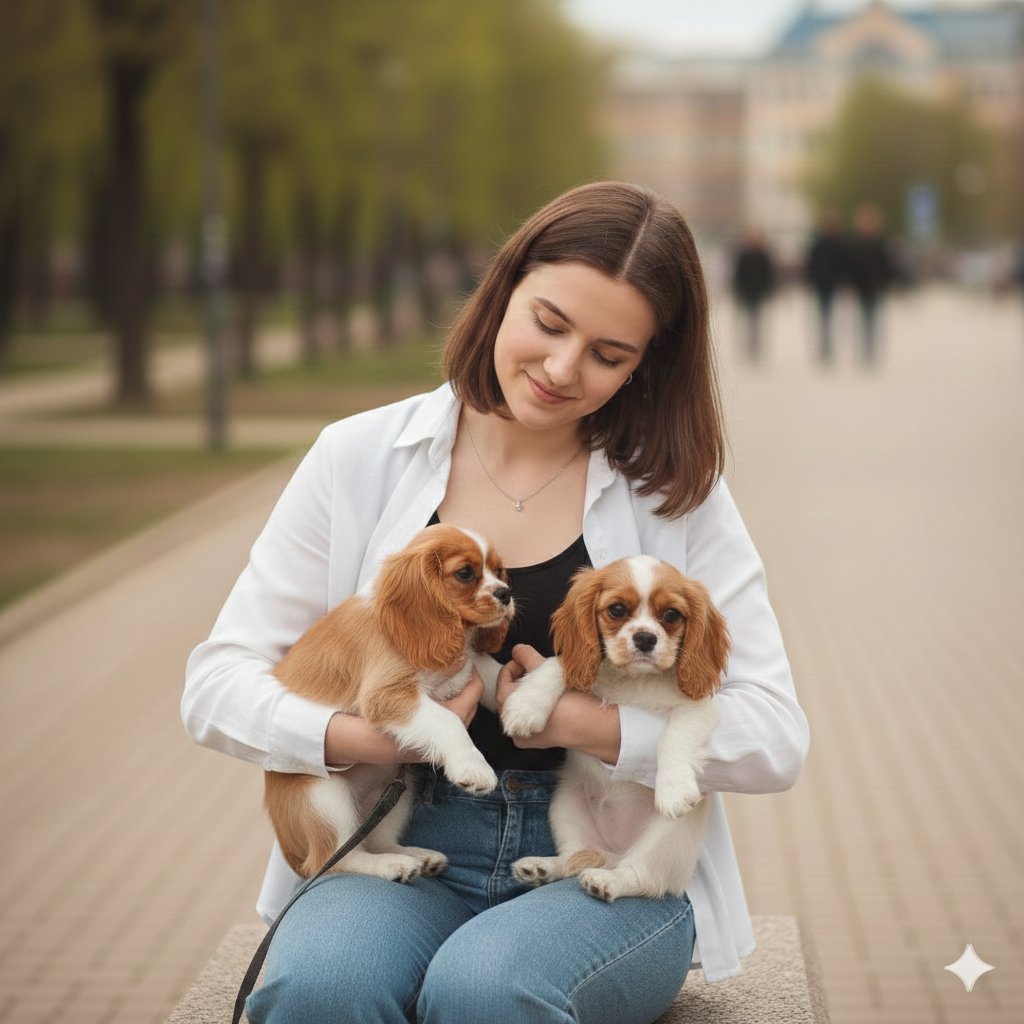Serene Young Woman with Her Puppies