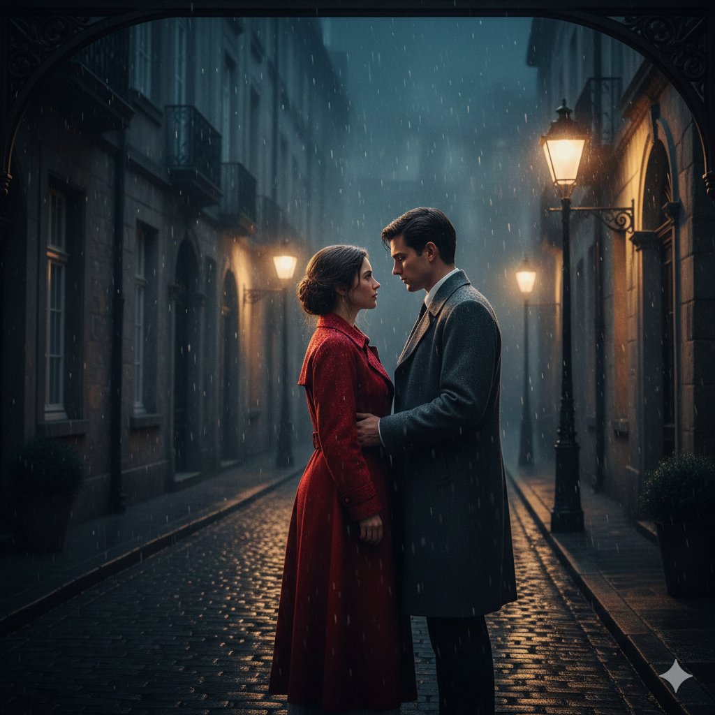 Cinematic Movie Poster Scene in an Old European Street at Night