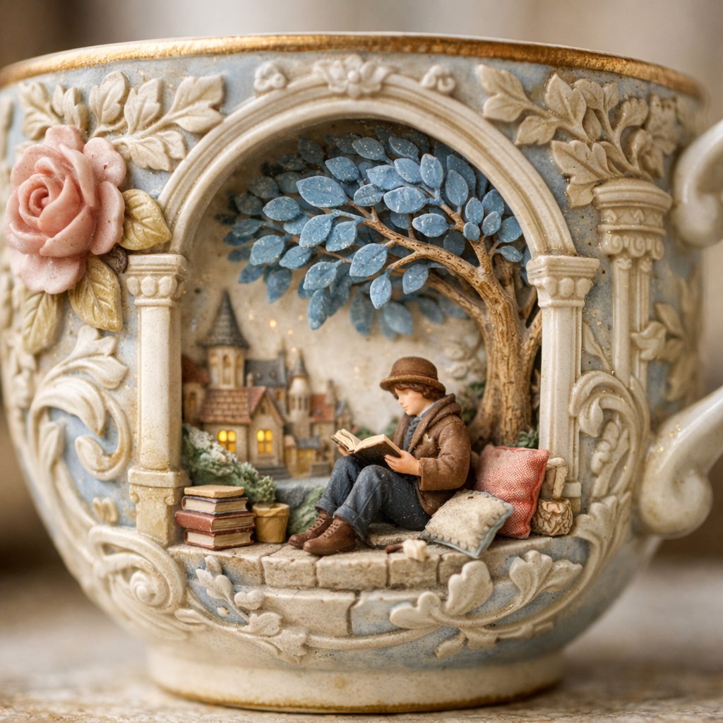 Ultra-detailed Macro Shot of an Ornate Ceramic Teacup with Miniature Diorama